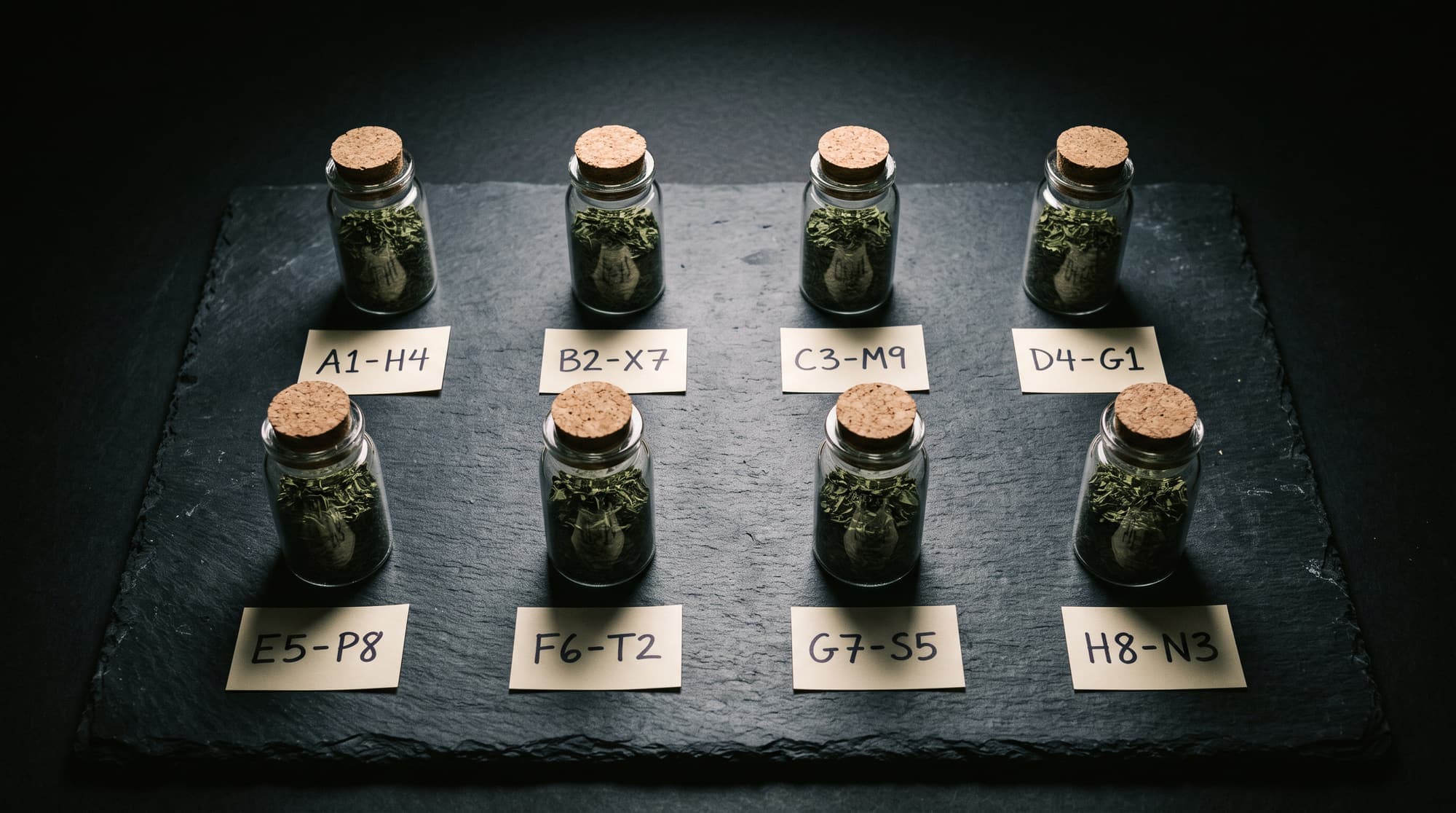 Eight identical unlabeled sample jars in a grid on a dark table, each with a coded index card in front of it